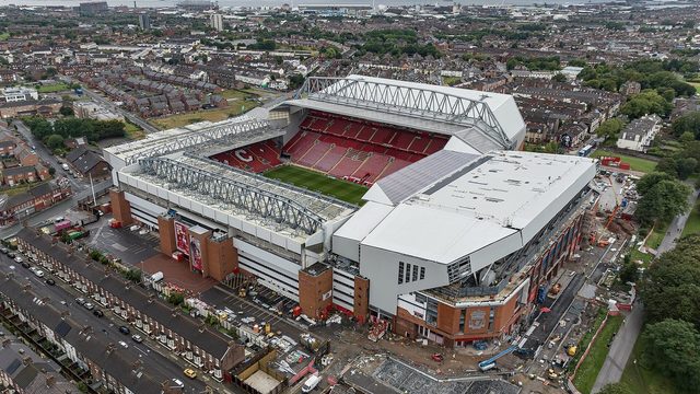 Liverpoolin kotistadion Anfield ilmasta kuvattuna
